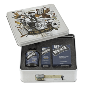 Proraso Beard Care Tin Azur Lime - open collectible tin with beard oil, balm and wash