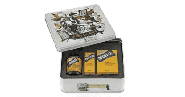 Proraso Beard Care Tin Wood and Spice - open collectible tin with beard oil, balm and wash